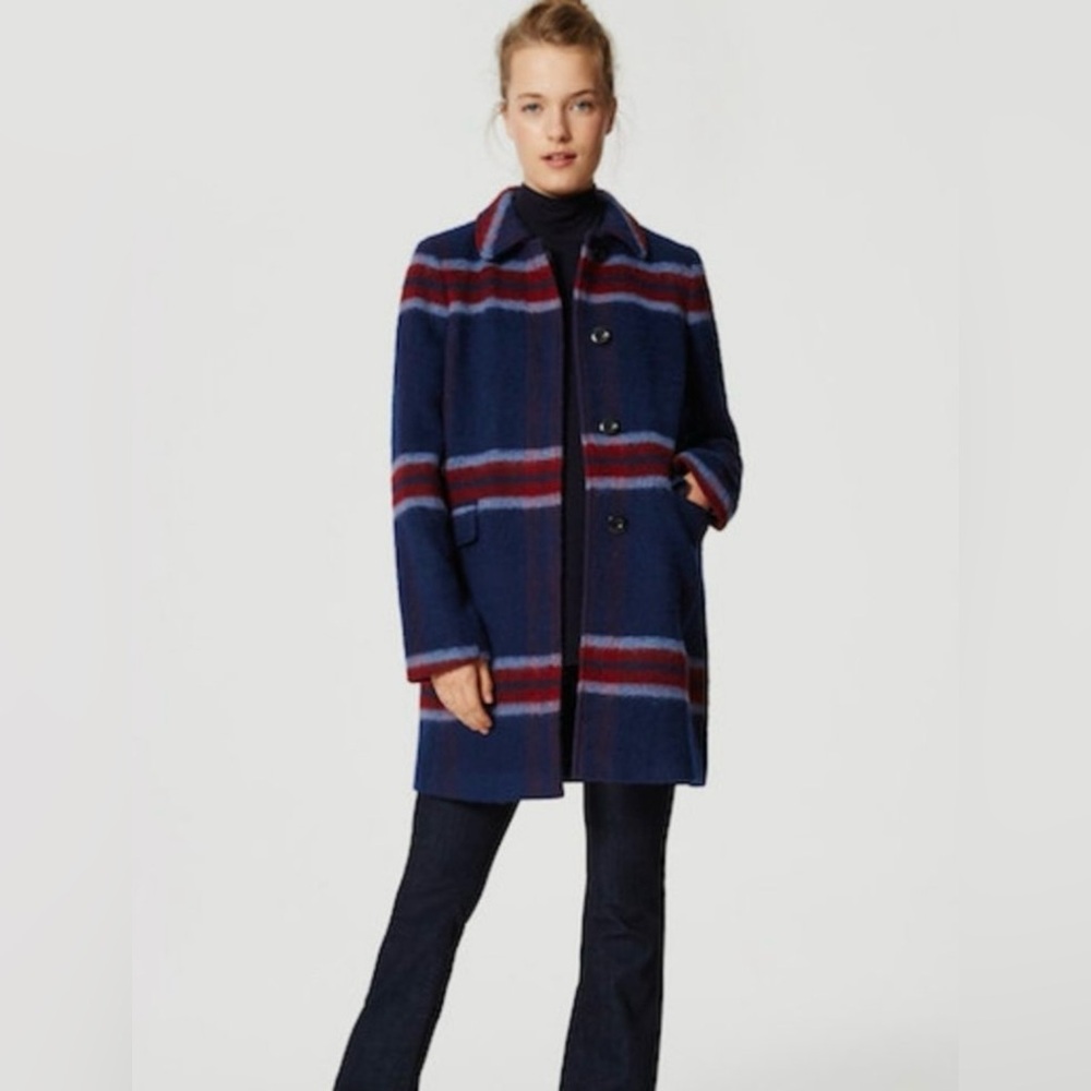 NWT LOFT Blue Plaid Wool/Polyester Coat, Size XL